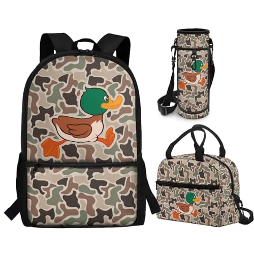 CLOHOMIN Duck Camouflage Backpack and Lunch Box Set of 3 Kids Schoolbag for Boys 3th Grade/4th Grade Middle School Bookbag Age 8-9/10-11 with Lunch Bag Water Bottle Pouch - color: Duck Camouflage