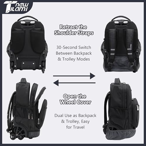 NEW TILAMI 18-Inch 6-Wheel Rolling Backpack for Kids, Black | Height-Adjustable Trolley Handle Padded Back Panel Adjustable Shoulder Straps Multiple Compartments - color: Black