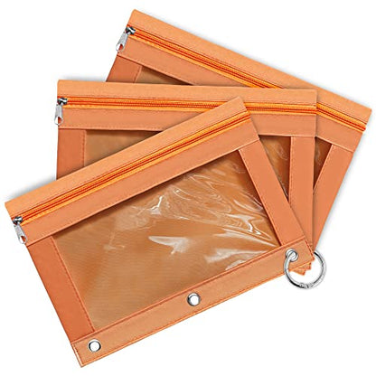 Pencil Pouch 3 Ring Binder,3 Packs Binder Pencil Case with Zipper Closure, Multi-Color Big Capacity Pencil Case, Clear Window Binder Pencil Pouch, Pencil Bag with 3 Re-enforced Grommets. Burnt Orange