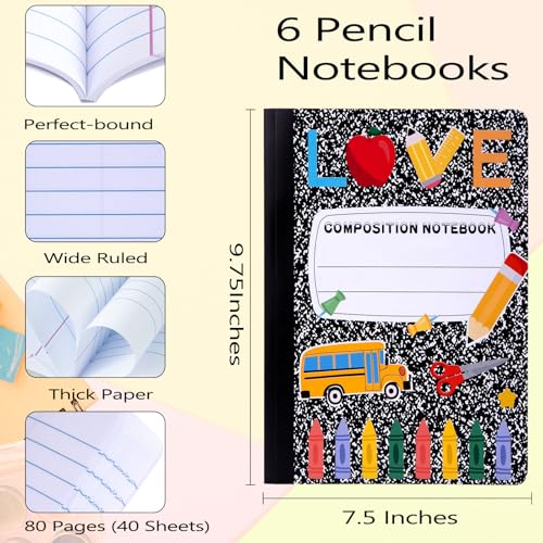6 Pack Marble Composition Notebook Wide Ruled Pencil Preppy Composition Notebooks,Back to School Coquette Aesthetic Notebooks Perfect-bound 80 Pages (40 Sheets) 9.75x7.5 Inches - color: Pencil