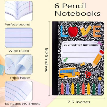 6 Pack Marble Composition Notebook Wide Ruled Pencil Preppy Composition Notebooks,Back to School Coquette Aesthetic Notebooks Perfect-bound 80 Pages (40 Sheets) 9.75x7.5 Inches - color: Pencil
