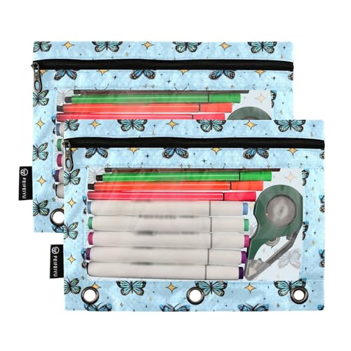 Pencil Pouch for 3 Ring Binder Blue Butterfly Star Clear Window Stationery Bag Pencil Case 2 Pack for Office School Supplies - color: Blue Butterfly