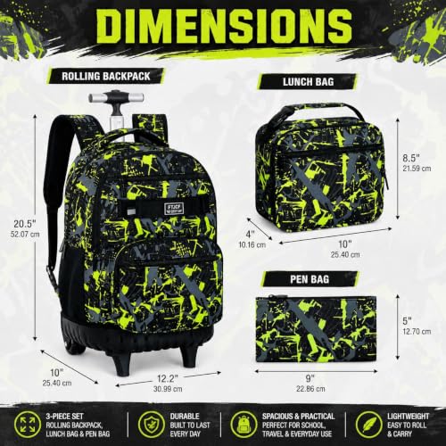 3Pcs Rolling Backpack for Boys Men, Travel Roller Backpacks with Wheels for Adults, Teens College Graffiti Wheeled Bookbag with Lunch Box(Green) - color: Airbrush Green