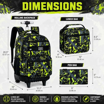 3Pcs Rolling Backpack for Boys Men, Travel Roller Backpacks with Wheels for Adults, Teens College Graffiti Wheeled Bookbag with Lunch Box(Green) - color: Airbrush Green