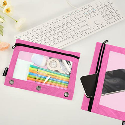 Binder Pouches,Hot Pink Pencil Pouch for 3 Ring Binder 2 Pack Clear Pencil Bag with Zipper for Office School Supplies - color: Hot Pink