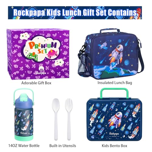 rockpapa Kids Lunch Box Set with 14oz Insulated Water Bottle & Lunch Bag, Leakproof 5.5 Cups Bento Box for School & Children, BPA-Free, Microwave Safe for Boys Girls (Blue Rocket) - color: Blue Rocket