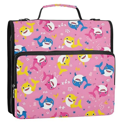 3 Ring Zipper Binder with Shoulder Strap Shark Cartoon Pink 2 Inch Zippered Binder Bag 500 Sheet Capacity Multi Pockets for School Supplies - color: Multi20