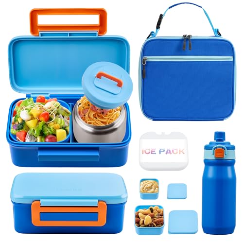 MAISON HUIS Bento Box for Kids with 8oz Soup Thermo, Insulated Lunch Bag & 17oz Water Bottle, 2-Compartment Bento Box with Built-In Ice Pack, Leak-Proof & BPA-Free (Blue) - color: Blue
