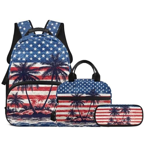 American Flag Coconut Tree 3PCS Kids Backpacks for Teen Girls Boys, 17 Inch School Bookbag Set with Lunch Bag Pencil Case 3 in 1 Lightweight Daypacks for Middle High School Students - color: American Flag Coconut Tree