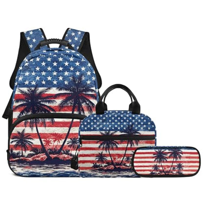 American Flag Coconut Tree 3PCS Kids Backpacks for Teen Girls Boys, 17 Inch School Bookbag Set with Lunch Bag Pencil Case 3 in 1 Lightweight Daypacks for Middle High School Students - color: American Flag Coconut Tree