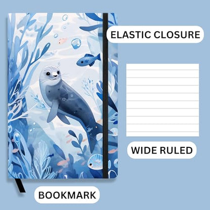 RICCO BELLO Wide Ruled Hardcover Diary Journal, Seal | For Kids & Tweens, Bookmark & Band Closure, Storage Pocket, 5.7 x 8.4 Inches, 192 Pages - color: Blue Seal
