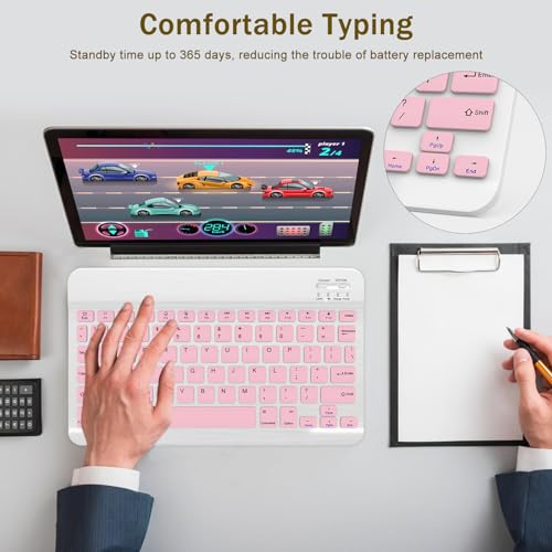 Rechargeable Bluetooth Keyboard and Mouse Combo, Universal Ultra-Slim Wireless Keyboard Mouse Set for Android Windows iPad iPhone Samsung Tablet Portable Compact Keyboard Set (Pink) - color: Pink