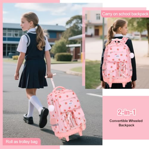 ACESAK Rolling Backpack for Girls, Roller Backpack with Lunch Bag & Pencil Pouch for Teen Girls Kids, Bookbag Backpack with Wheels for Women Elementary Middle High School Travel (Pink Strawberry) - color: Pink Strawberry