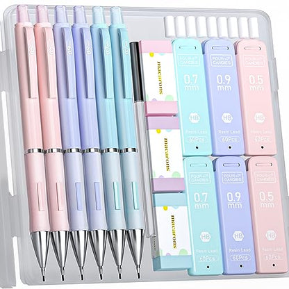 Four Candies 0.5/0.7/0.9mm Cute Mechanical Pencil Set, 6 Pack | 360 Leads, 3 Erasers+9 Refills, Storage Case, Non-Slip Grip, Fine to Bold Lines for Writing & Drawing - style: 0.5mm+0.7mm+0.9mm