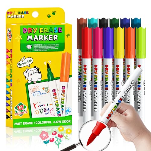 Brush Tip Dry Erase Markers for Kids, 12 Colors Whiteboard Markers, Non-Toxic Low Odor, Fine Brush Tip for Drawing, Doodling, Handwriting Practice, Classroom, Homeschool & Creative Learning