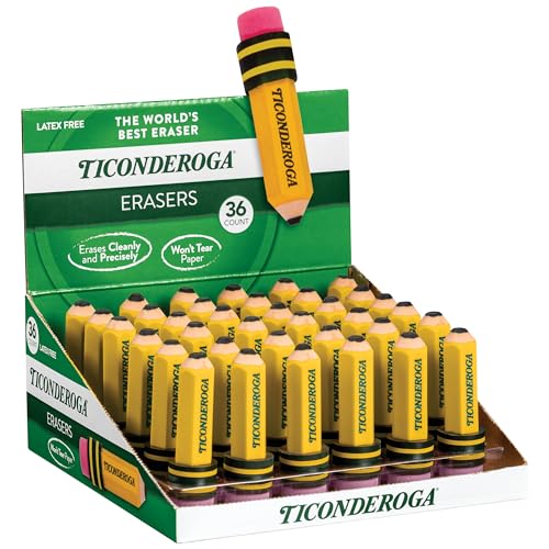 TICONDEROGA Erasers, Pencil Shaped, Yellow, 36-Pack (38936) - size: 36 Count, style: Yellow, 36 Count