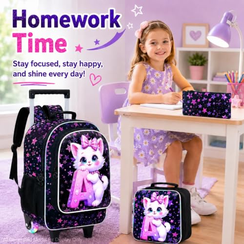 WZLVO 3PCS Kids Backpack with Wheels, 18" Sparkling Cat Print Roller Backpack for Girls with Light-Up Wheels, Includes Matching Lunch Bag & Pencil Bag - Cat Hugging A (Purple) - color: 3PCS Girls Rolling Backpack - Cat Hugging A