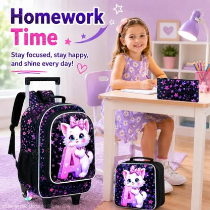 WZLVO 3PCS Kids Backpack with Wheels, 18" Sparkling Cat Print Roller Backpack for Girls with Light-Up Wheels, Includes Matching Lunch Bag & Pencil Bag - Cat Hugging A (Purple) - color: 3PCS Girls Rolling Backpack - Cat Hugging A