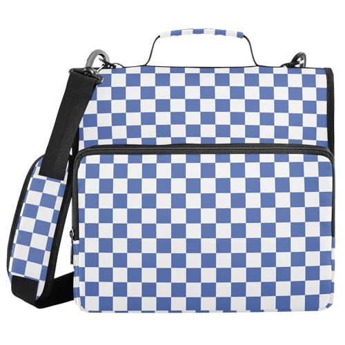 Blue White Checkered Binder Bag 3 Ring Zipper Binders with Shoulder Strap for School Office Organizer Storage - color: Q003