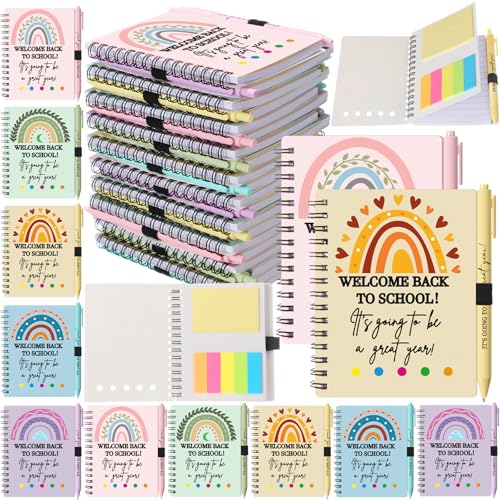 Dunzoom 40 Pcs Welcome Back to School Gifts Bulk Spiral Notebooks with Sticky Notes Motivational Pens First Day of School Notepads Party Favor for Teacher Student Classroom(Rainbow,Pastel) - style: Rainbow