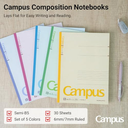 KOKUYO Composition Notebooks, 5 Pack Campus Semi-B5 Comp Book with B 6mm Ruled, 30 Sheets, Classic School Lined Notebook, Journal Notebook for Women Work Study Note Taking (NO-3CBNx5) - size: Semi-B5