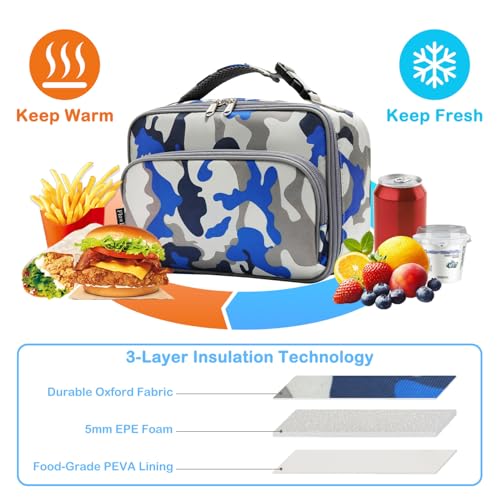 FlowFly Kids Lunch box Insulated Soft Bag Mini Cooler Back to School Thermal Meal Tote Kit for Girls, Boys,Blue Camo - color: Blue Camo