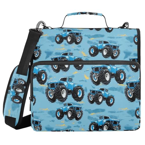 Gredecor 3 Ring Zipper Binder with Shoulder Strap, Blue Monster Trucks Multi-Pockets Organizer Binder Bag Holds 500 Sheets for School and Office - color: Blue Monster Trucks