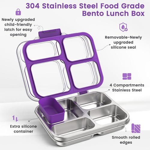 Stainless Steel Bento Box for Kids Adults with Silicone Container, Leak Proof 4 Compartments Metal Lunch Box, Removable Silicone Seal & Clear Lid Food Container for School Office, BPA-Free(Purple) - color: Purple