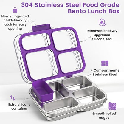Stainless Steel Bento Box for Kids Adults with Silicone Container, Leak Proof 4 Compartments Metal Lunch Box, Removable Silicone Seal & Clear Lid Food Container for School Office, BPA-Free(Purple) - color: Purple