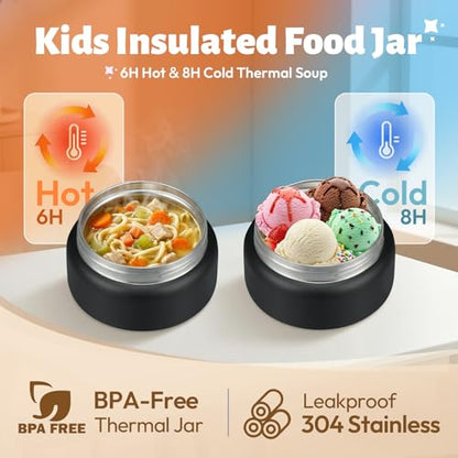 Itslife Bento Box for Kids Set, Insulated Food Container,Kids Lunch Box, 7 oz Thermos for Hot Food, 12 oz Thermos Water Bottle, Reusable Insulated Ice Bag & Fork Spoon Utensils Camping Travel Black - color: Black