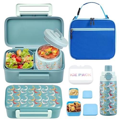 MAISON HUIS Bento Box for Kids with 8oz Soup Thermo, Insulated Lunch Bag & 17oz Water Bottle, 2-Compartment Bento Box with Built-In Ice Pack, Leak-Proof & BPA-Free - color: Blue1