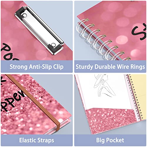 Rimilak Spiral Clipboard Folio with Refillable Lined Notepad, 14.5 x 9.8 In, Hardcover Cover with 5 Interior Pockets, Elastic Band and Pen Loop Series. Cute Stylish Clipfolio, Work Hard - color: Work Hard