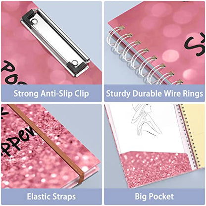 Rimilak Spiral Clipboard Folio with Refillable Lined Notepad, 14.5 x 9.8 In, Hardcover Cover with 5 Interior Pockets, Elastic Band and Pen Loop Series. Cute Stylish Clipfolio, Work Hard - color: Work Hard