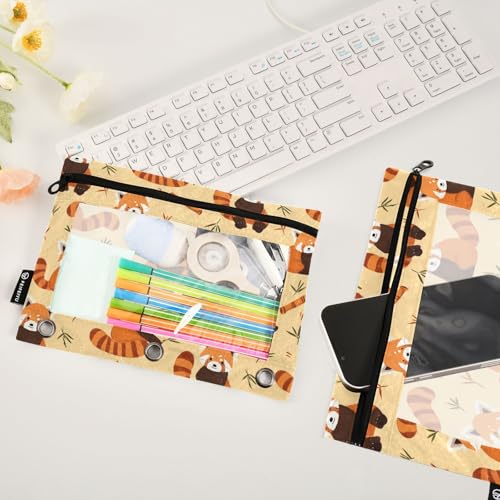 Pencil Pouch for 3 Ring Binder Red Panda Cartoon Binder Pencil Case with Smooth Zipper Clear Window Pencil Case 2 Pack for Office School College Supplies - color: Red Panda