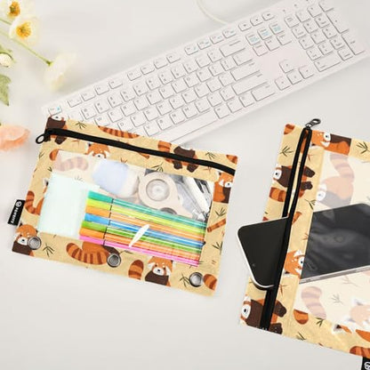 Pencil Pouch for 3 Ring Binder Red Panda Cartoon Binder Pencil Case with Smooth Zipper Clear Window Pencil Case 2 Pack for Office School College Supplies - color: Red Panda
