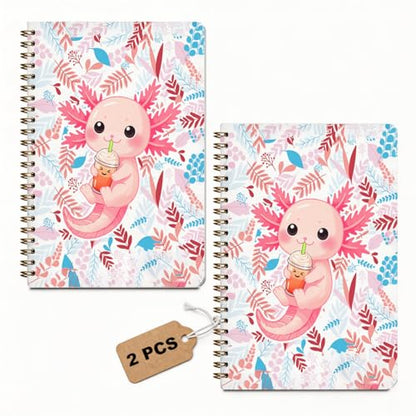 2 Pcs Pink Axolotl A5 Spiral Notebook, 160 Pages Journal Notebook | Cute Axolotl Gifts Spiral Notepad, College Ruled Notebooks, Hardcover Journals for Writing Office, School Office Supplies - color: Multicolour 0006