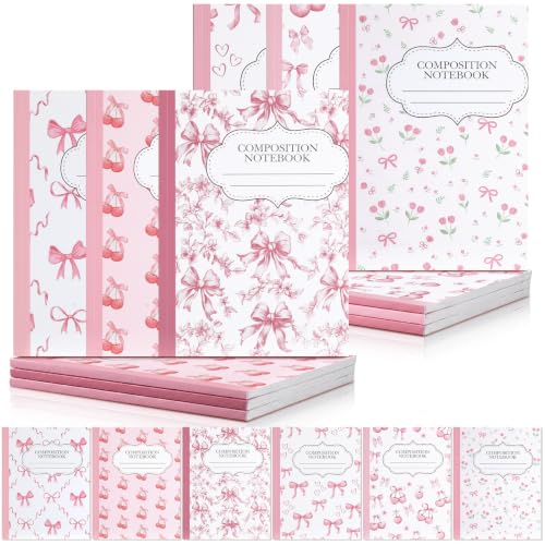 Fullhawl 6 Pack Composition Notebook College Ruled Bulk Pink Bow Composition Notebook Preppy Aesthetic for Back to School Supplies 110 Pages 9-3/4 x 7-1/2" Cute Cherry Journal for First Day of School - color: Pink Cherry, size: College Ruled