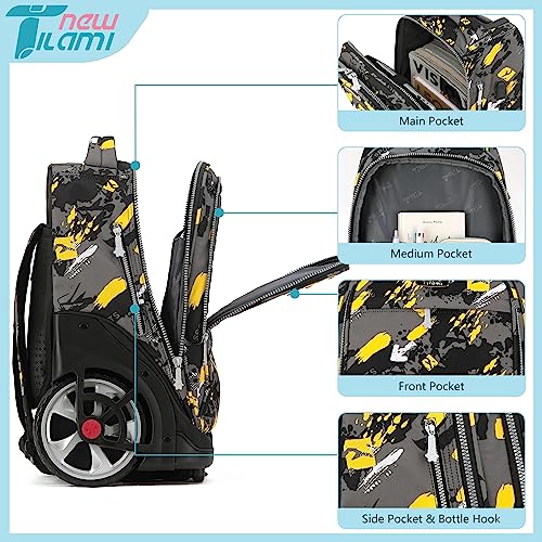 NEW TILAMI 19 inch Rolling Backpack Teens Rolling Backpack Cute Wheeled Laptop Backpack Bookbag Roller Travel Bag College, Yellow Doodle - color: Yellow Doodle