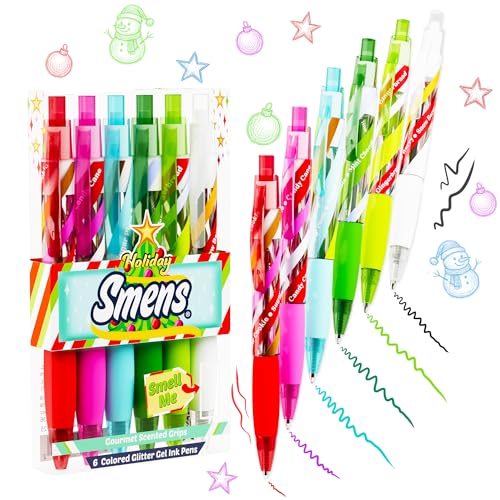 Holiday Smens - Patented Gourmet Scented Colored Glitter Gel Ink Pens, Medium Point, 6 Count - Fun, Cute, Cool, Smelly Pens for Kids - color: Holiday (Colored)
