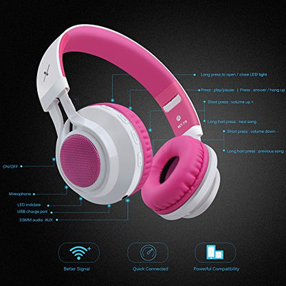Riwbox WT-7S Bluetooth Headphones Light Up, Foldable Stero Wireless Headset with Microphone and Volume Control for PC/Tablet/TV/Travel (Pink) - color: Pink