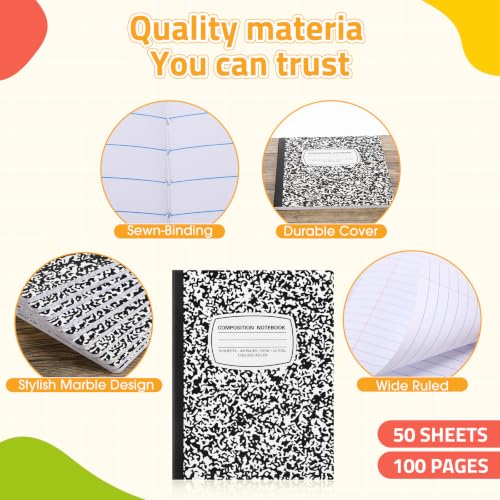 Fainne 100 Pack College Ruled Composition Notebooks B5 Composition Book Bulk 7.5 x 9.8 Inch 50 Sheets/ 100 Pages Marble Cover Journal Notebooks for College Office Back to School Supplies(Black) - color: Black