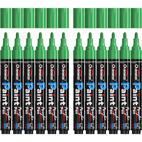 Overseas Green Paint Pens Paint Markers - Permanent Acrylic Markers 12 Pack, Water-Based, Quick Dry, Waterproof Marker Pen for Rock, Wood, Plastic, Metal, Canvas, Glass, Fabric, Mugs. Medium Tip - color: Green