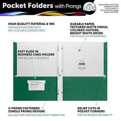 FILE-EZ Two-Pocket Folders with 3-Prong Fasteners, Green Color, 25-Pack, Durable Textured Paper, Matte Finish, Letter Sheet Size (EZ-92560) - color: Green