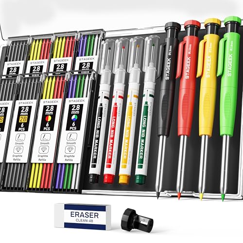 STAGEEK 4PCS Mechanical Carpenter Pencil Set, Deep Hole, Woodworking | 52 Refills, 4PCS Long Nib Marker Pens, Built-in Sharpener, Storage Case for Architect Heavy Duty Construction Marking - color: Green+Red+Black+Yellow