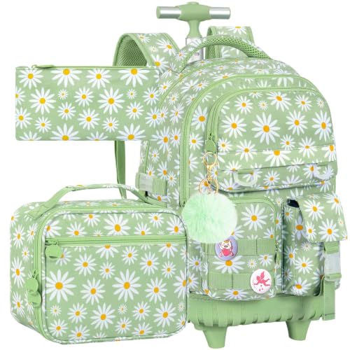 WZLVO 3PCS Roller Backpack, Water Resistance Girls Rolling Bookbag with Wheels, Women Aesthetic Wheeled School Bag, Set with Lunch Bag & Pencil Bag for Teens & Kids - Green Chrysanthemum - color: 3pcs Girls Rolling Backpack - Green Chrysanthemum