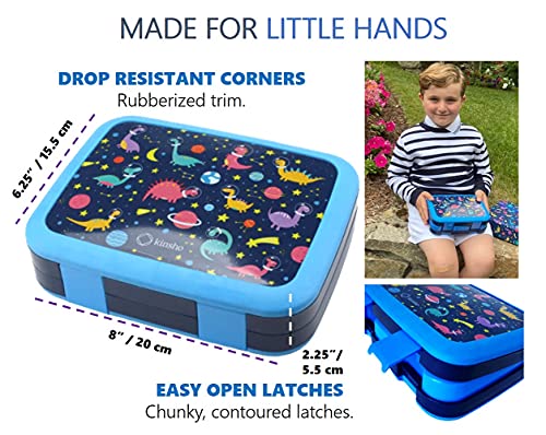 Bento Lunch Box with Bag, Water Bottle & Ice Pack Set for Kids Toddlers, 4 Portion Sections, Removable Tray, Pre-School Boy Toddler Daycare Lunches, Insulated Snack Container, Blue Space Dinosaur - color: Blue Rocket Dinosaur Set