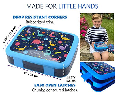 Bento Lunch Box with Bag, Water Bottle & Ice Pack Set for Kids Toddlers, 4 Portion Sections, Removable Tray, Pre-School Boy Toddler Daycare Lunches, Insulated Snack Container, Blue Space Dinosaur - color: Blue Rocket Dinosaur Set
