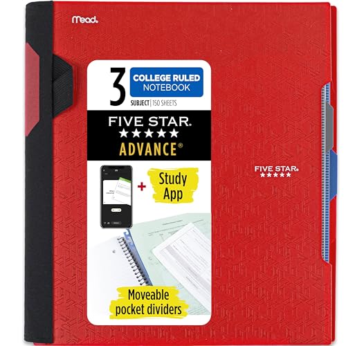 Five Star Advance Spiral Notebook + Study App, 3 Subject, College Ruled Paper, 8-1/2" x 11", 150 Sheets, Spiral Guard, Movable Tabbed Dividers, Fire Red (73134) - color: Fire Red, size: Pack of 1