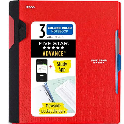 Five Star Advance Spiral Notebook + Study App, 3 Subject, College Ruled Paper, 8-1/2" x 11", 150 Sheets, Spiral Guard, Movable Tabbed Dividers, Fire Red (73134) - color: Fire Red, size: Pack of 1