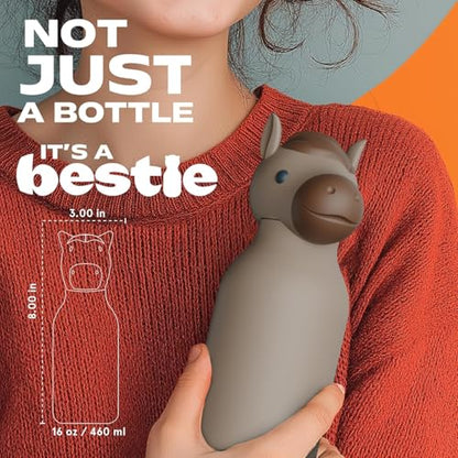 asobu Bestie Bottle Insulated Stainless Steel Water Bottle with Detachable Soft Animal Head Fun Drinking For Kids and Teens with Flexible Reusable Straw 16 Ounce (Horse) - color: Horse